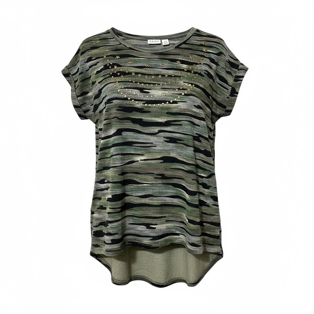 Camo Tunic Top Gold Star Embellished Green Black Comfortable Casual Small